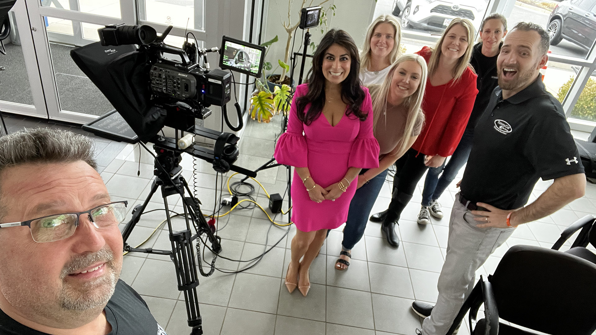 NYSM crew and client team around a camera on location